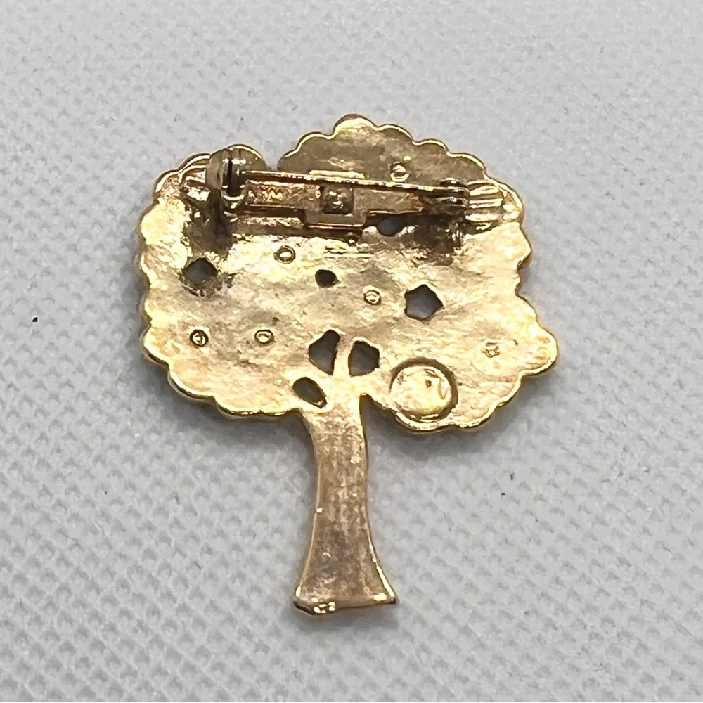 Cute Vintage‎ Gold Tone Green White Enamel Tree Brooch Pin